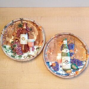 Two Vintage Handmade Ceramic Wine Art Decorative Wall Plates